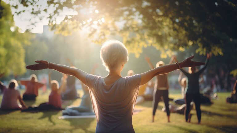 Older woman in park doing fitness, embracing tips for healthy aging