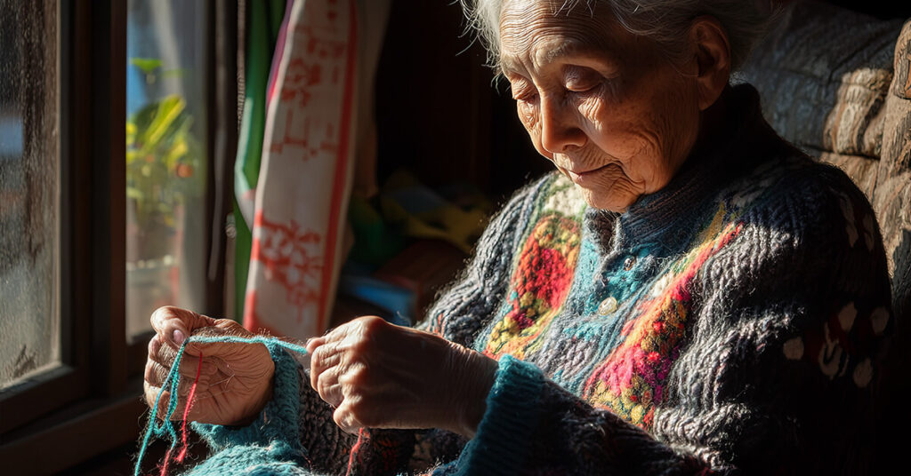elderly woman knitting as an example of winter activities for seniors