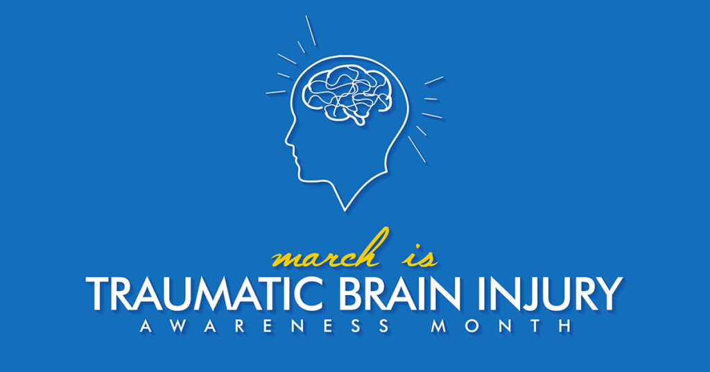 a blue background with a white graphic of a human brain with text that states March is traumatic brain injury awareness month
