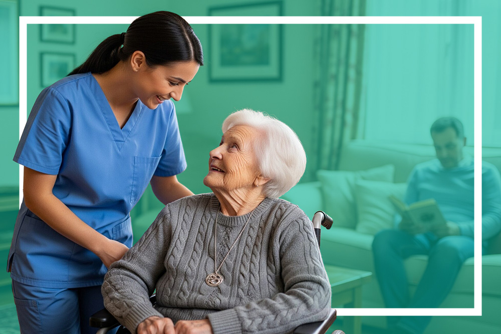 Nurse attends to senior woman while man in background reads a book